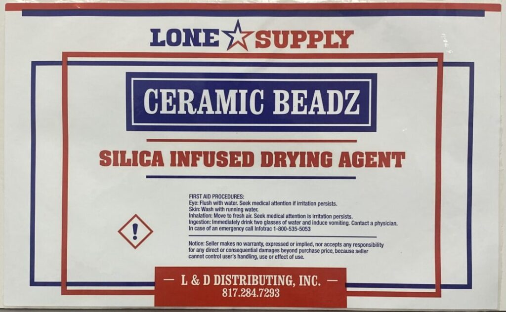 Package of Lone Supply Ceramic Beadz silica drying agent.