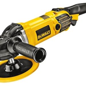 A yellow and black DeWalt power tool with a handle and a rotating disc.