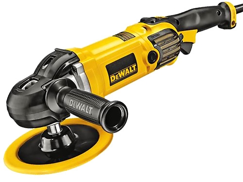 A yellow and black DeWalt power tool with a handle and a rotating disc.