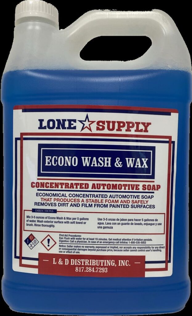 A container of concentrated Econo Wash & Wax automotive soap.