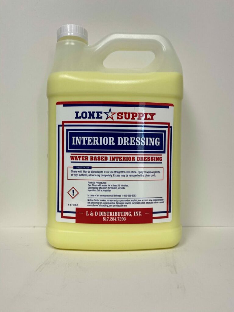 A gallon container of interior dressing for vinyl and rubber surfaces.
