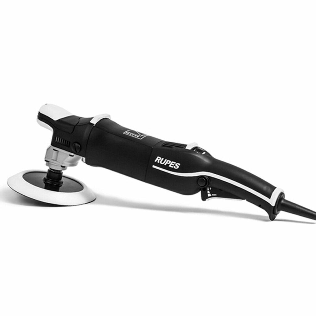 Electric car polisher with ergonomic design and attached buffing pad.