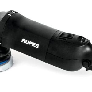 A black RUPES power tool with a blue polishing pad attached.
