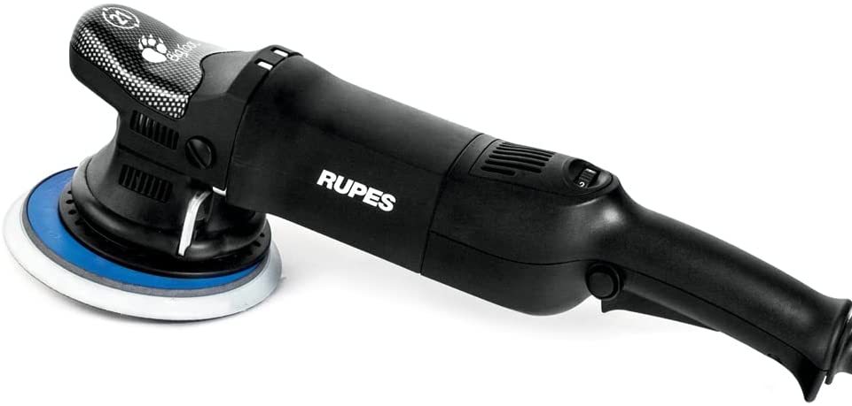 A black RUPES power tool with a blue polishing pad attached.