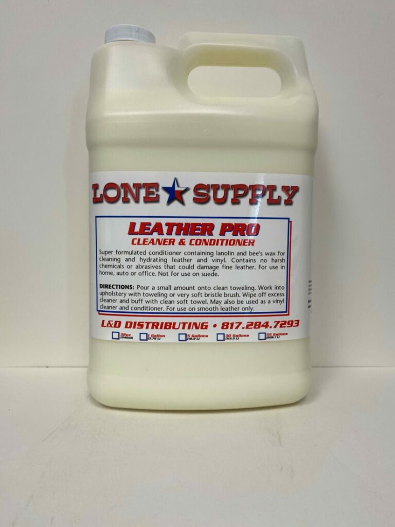 Container of Lone Supply Leather Plus liquid cleaner and conditioner.