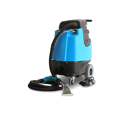 A compact blue and black floor cleaning machine with a handle and brush.