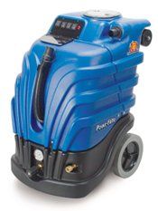 Blue industrial floor cleaning machine with large wheels.