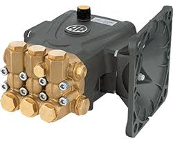High-pressure water pump with brass fittings and a sturdy black frame.