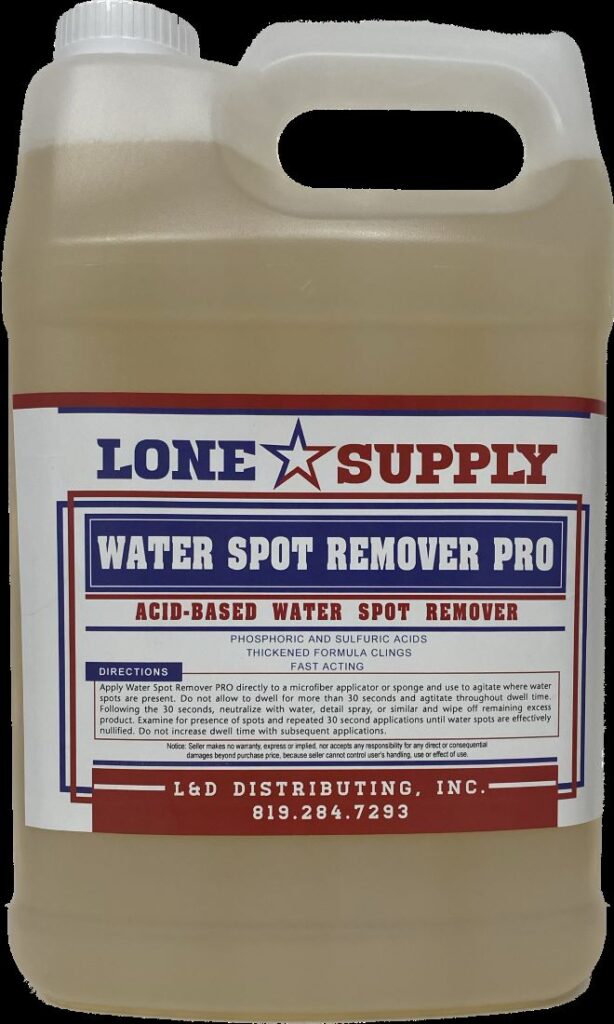 A container of Lead Supply Water Spot Remover Pro with acid-based formula.