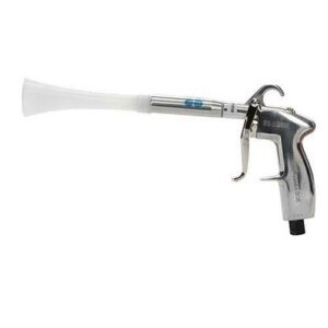 A silver foam gun with a black handle and white nozzle.