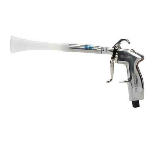 A silver foam gun with a black handle and white nozzle.