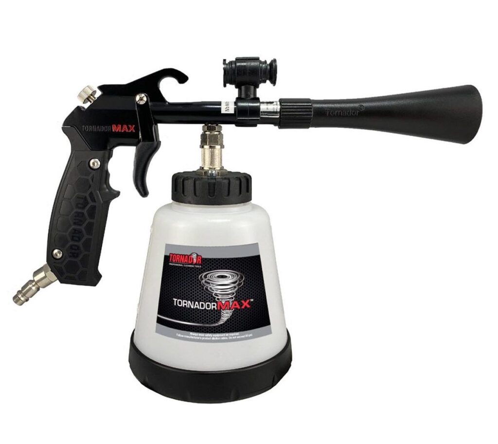 Black foam cannon with a white container and adjustable nozzle.