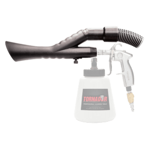 Foam cannon gun with a container for cleaning solution attached.