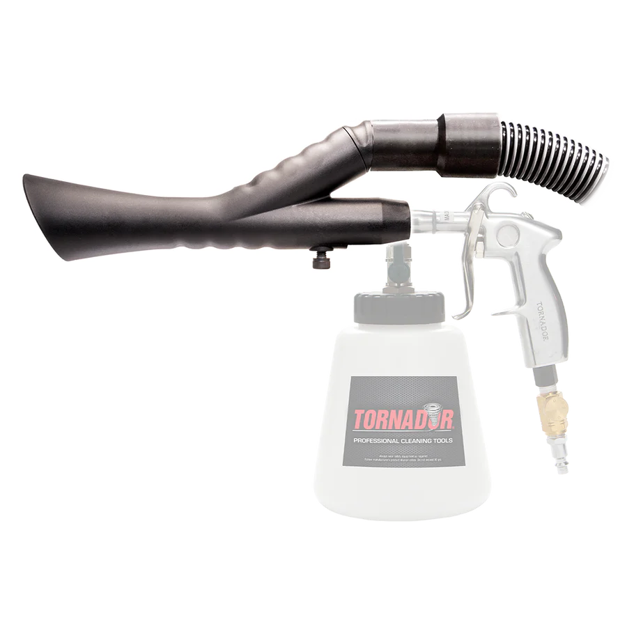Foam cannon gun with a container for cleaning solution attached.