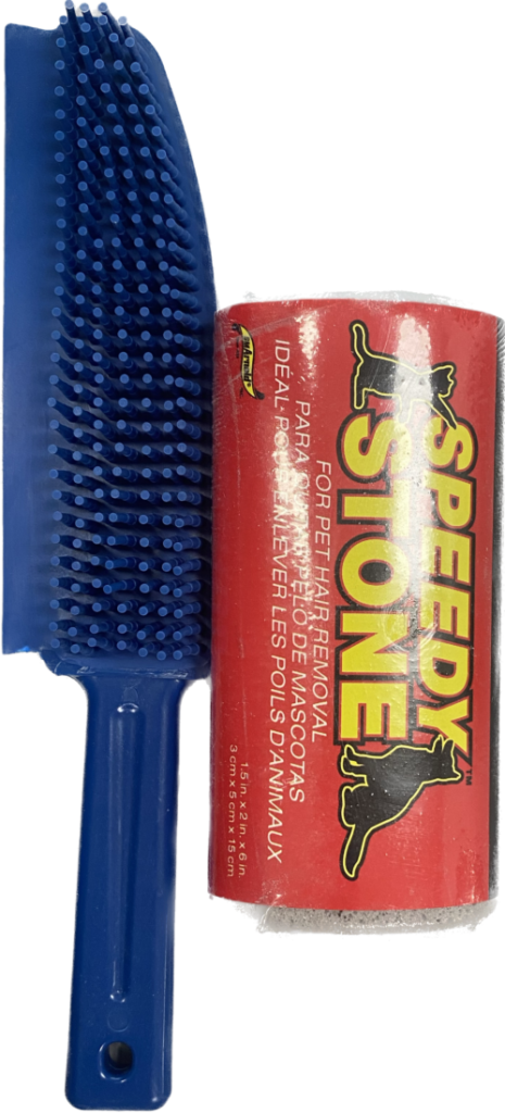 Blue Speedy Stone pet grooming brush with label.