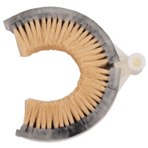 A curved brush with stiff bristles and a plastic handle.