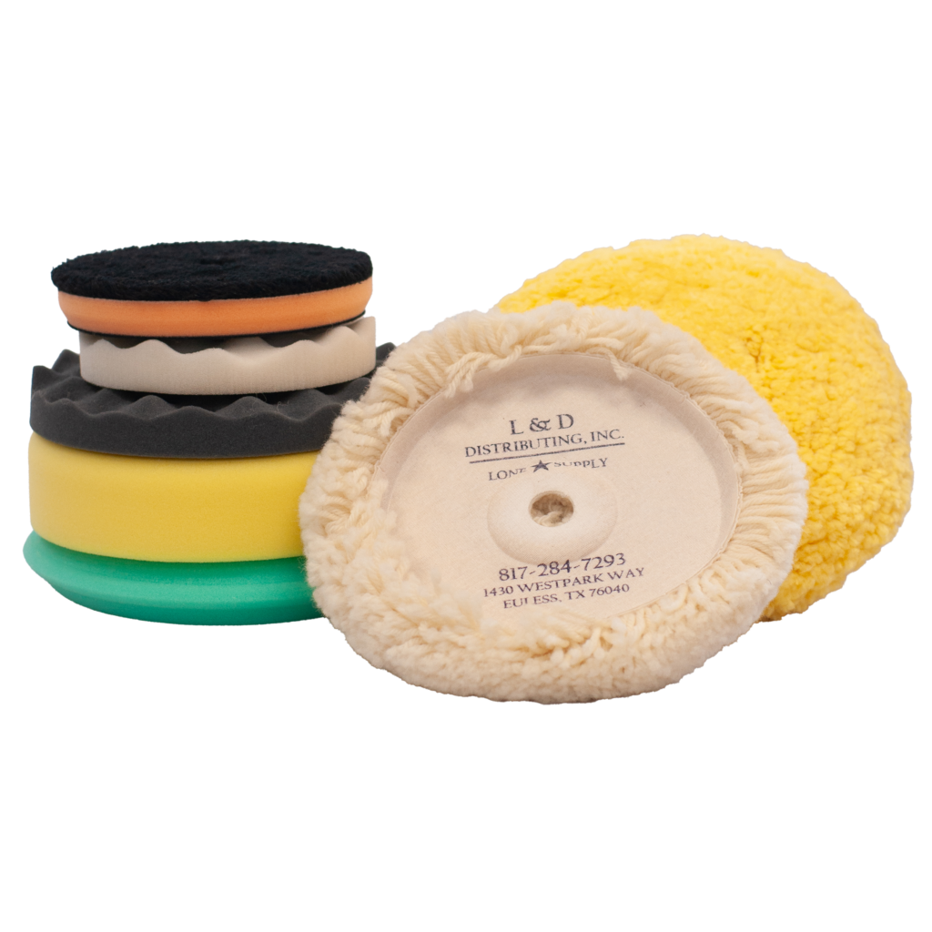 Various polishing pads and buffing accessories for automotive or detailing use.