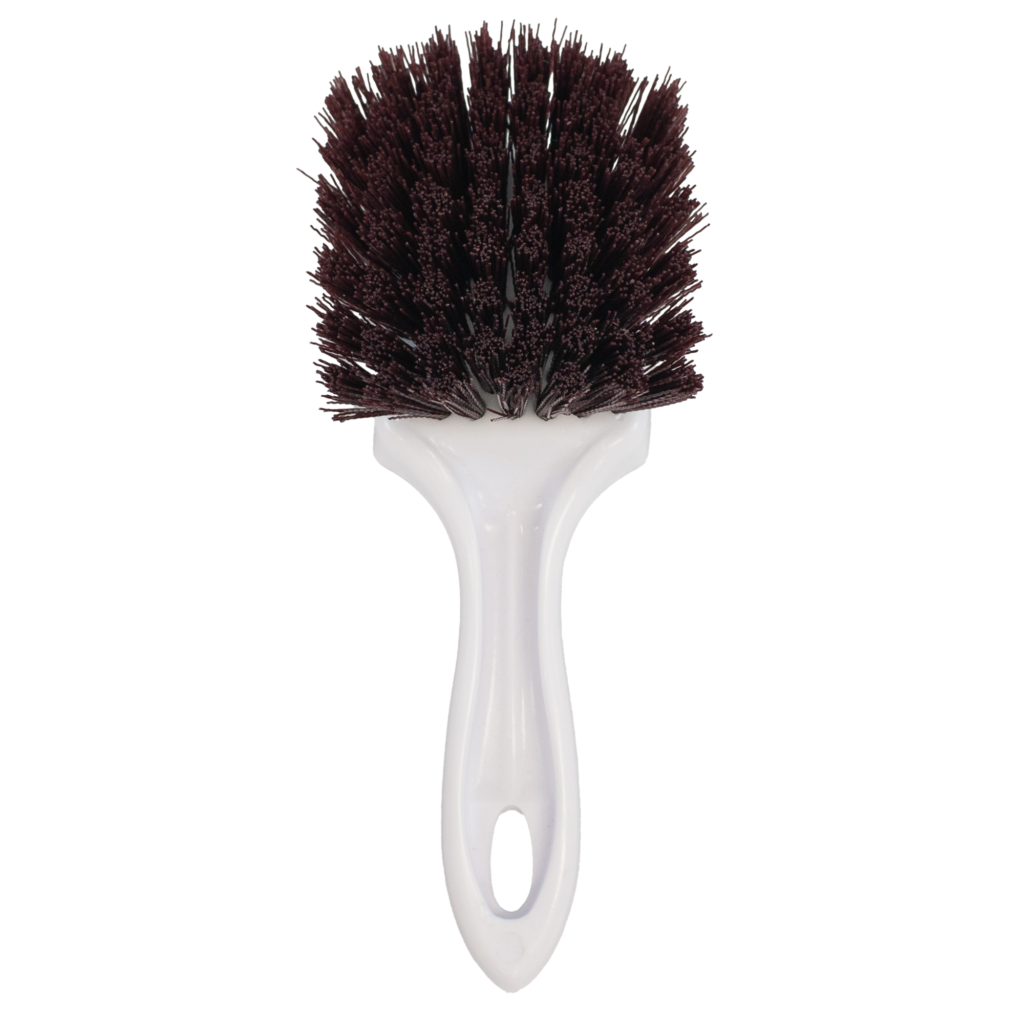 A white-handled brush with dense, dark bristles.