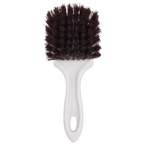 A white-handled brush with dense, dark bristles.