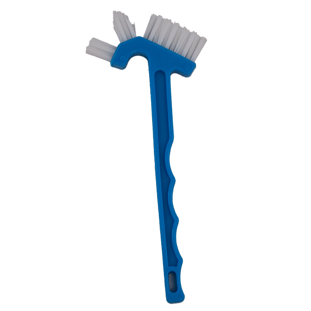 Blue multi-bristle cleaning brush with a handle.