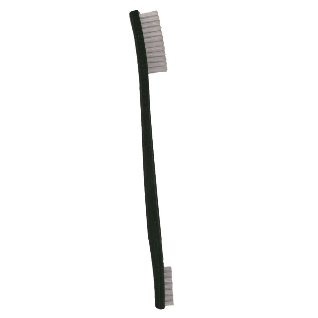 Black toothbrush with bristles on both ends.