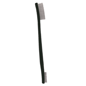 Black toothbrush with bristles on both ends.