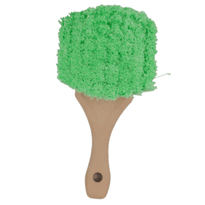 Green bath brush with wooden handle.