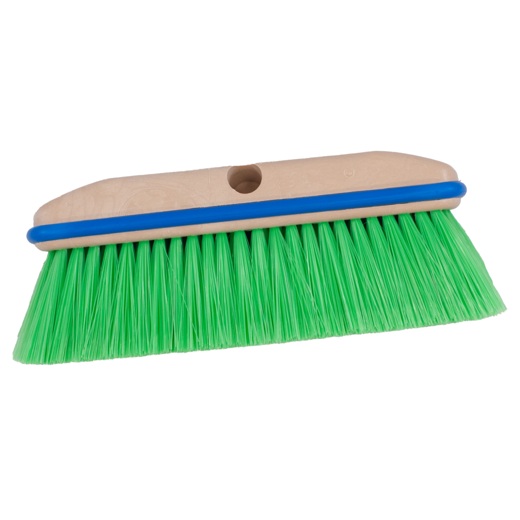 A green-bristled broom with a wooden handle.
