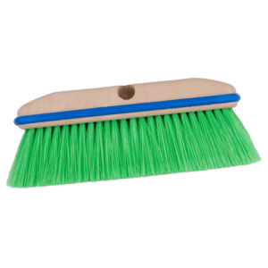 A green-bristled broom with a wooden handle.