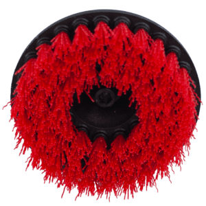 Red circular brush attachment with dense bristles.