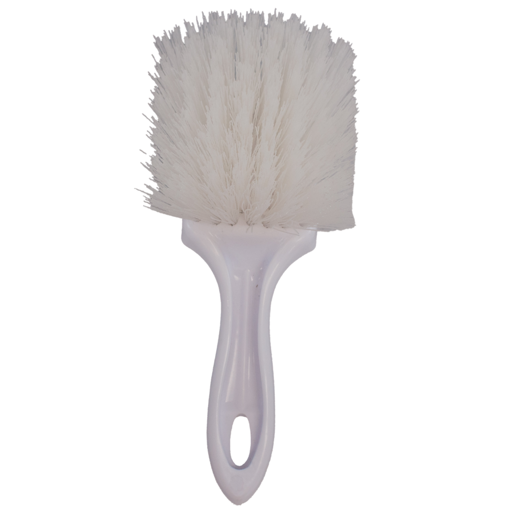 White brush with soft bristles and a handle.