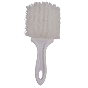 White brush with soft bristles and a handle.