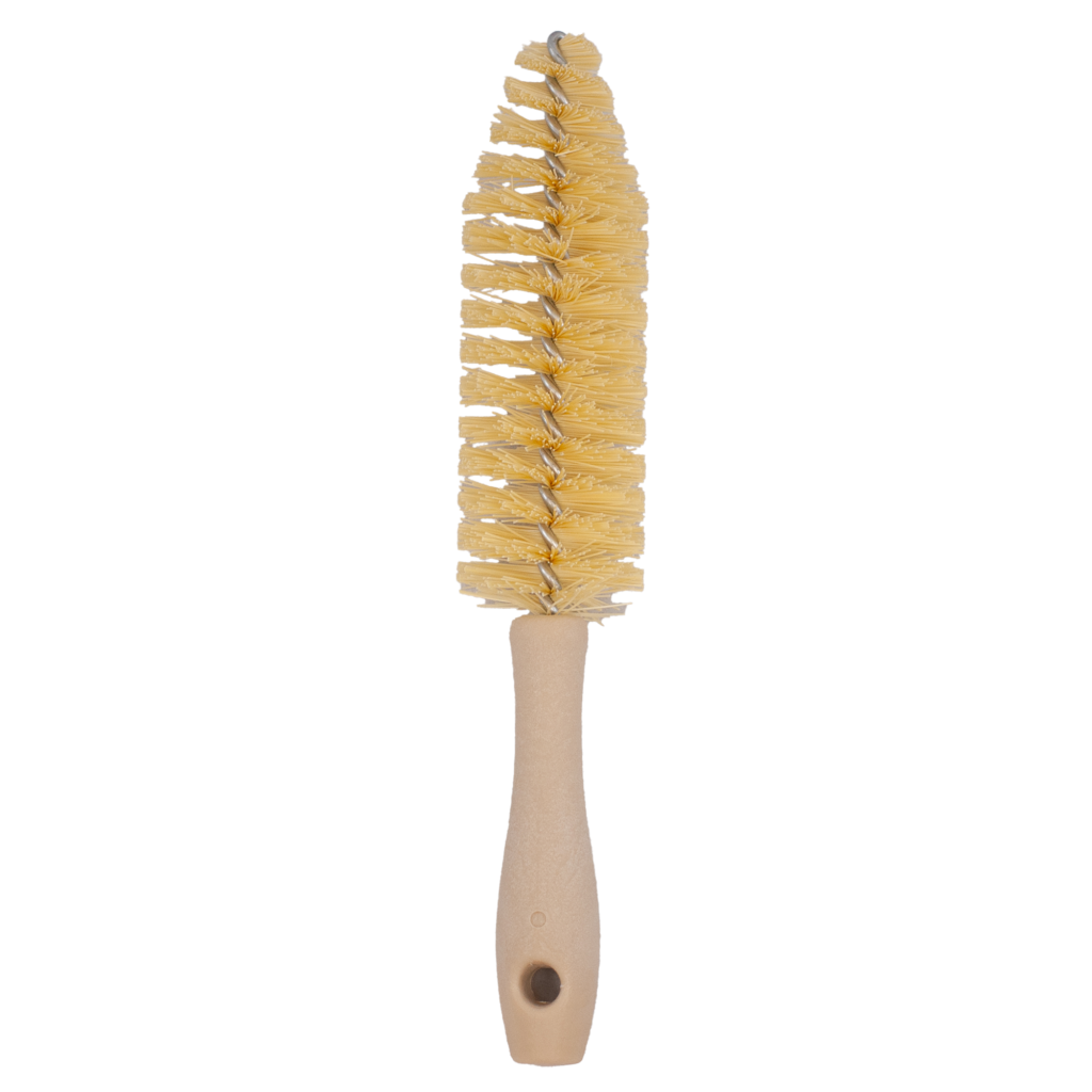A wooden-handled bottle brush with yellow bristles.