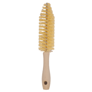 A wooden-handled bottle brush with yellow bristles.