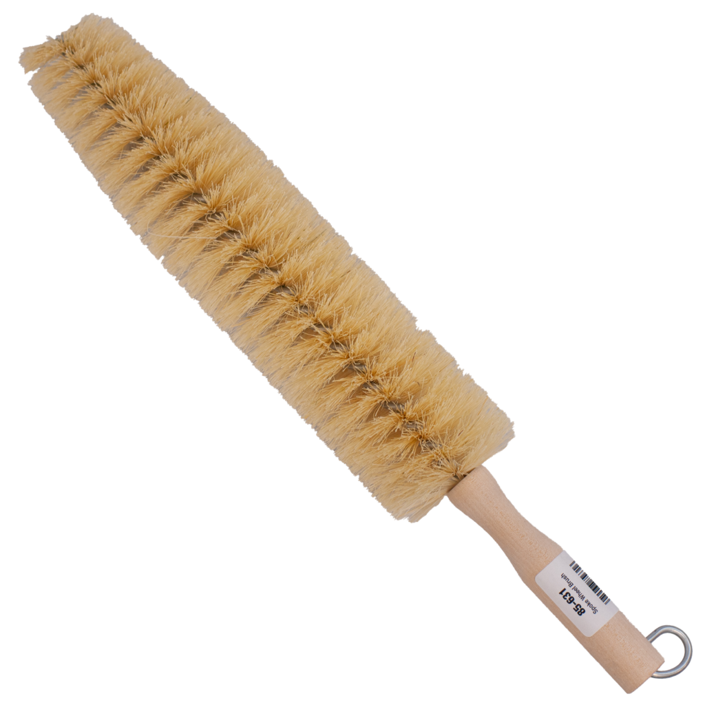 A beige bottle brush with a wooden handle.