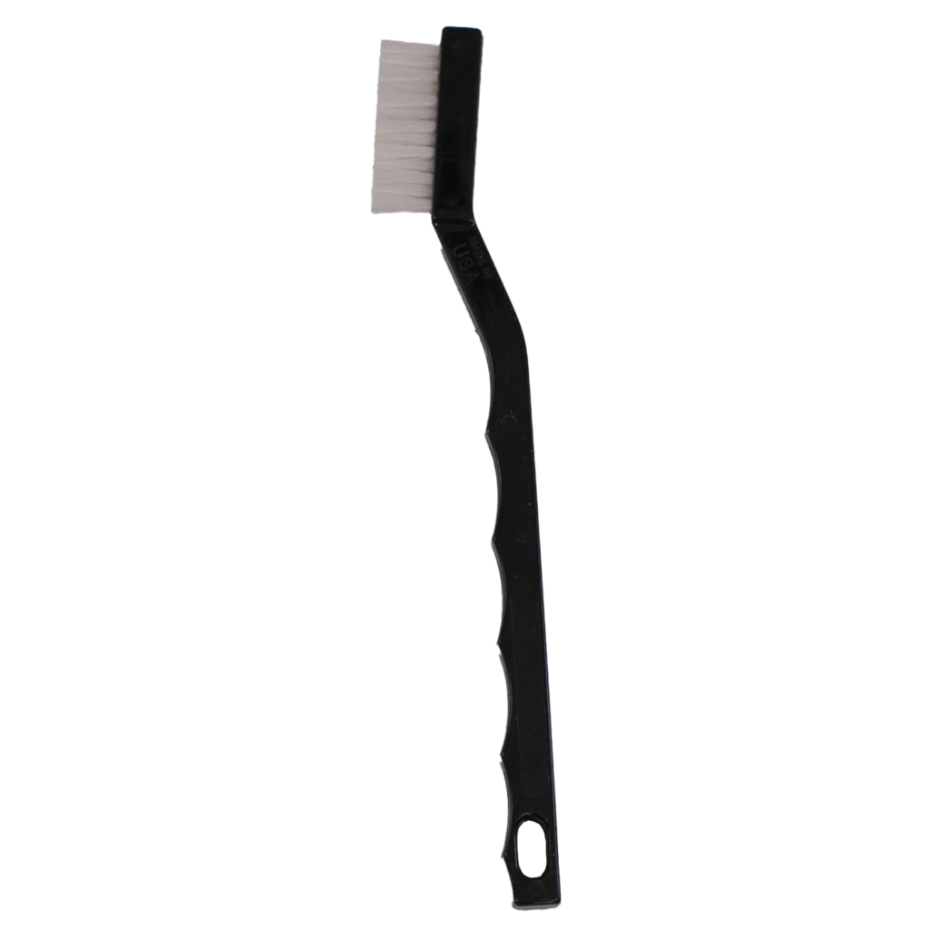 Black wire brush with a long handle and white bristles.