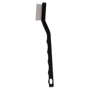 Black wire brush with a long handle and white bristles.