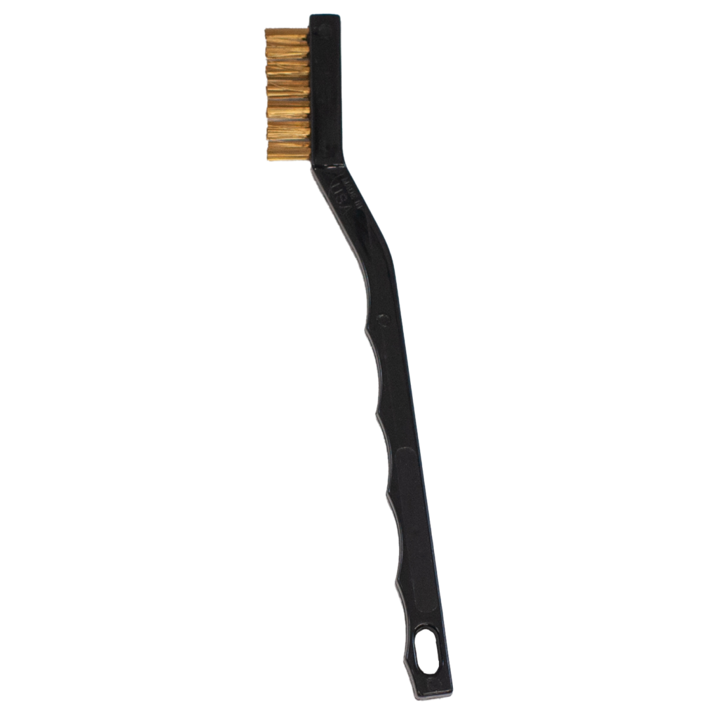 Black wire brush with wooden bristles and a handle.
