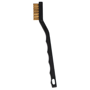 Black wire brush with wooden bristles and a handle.