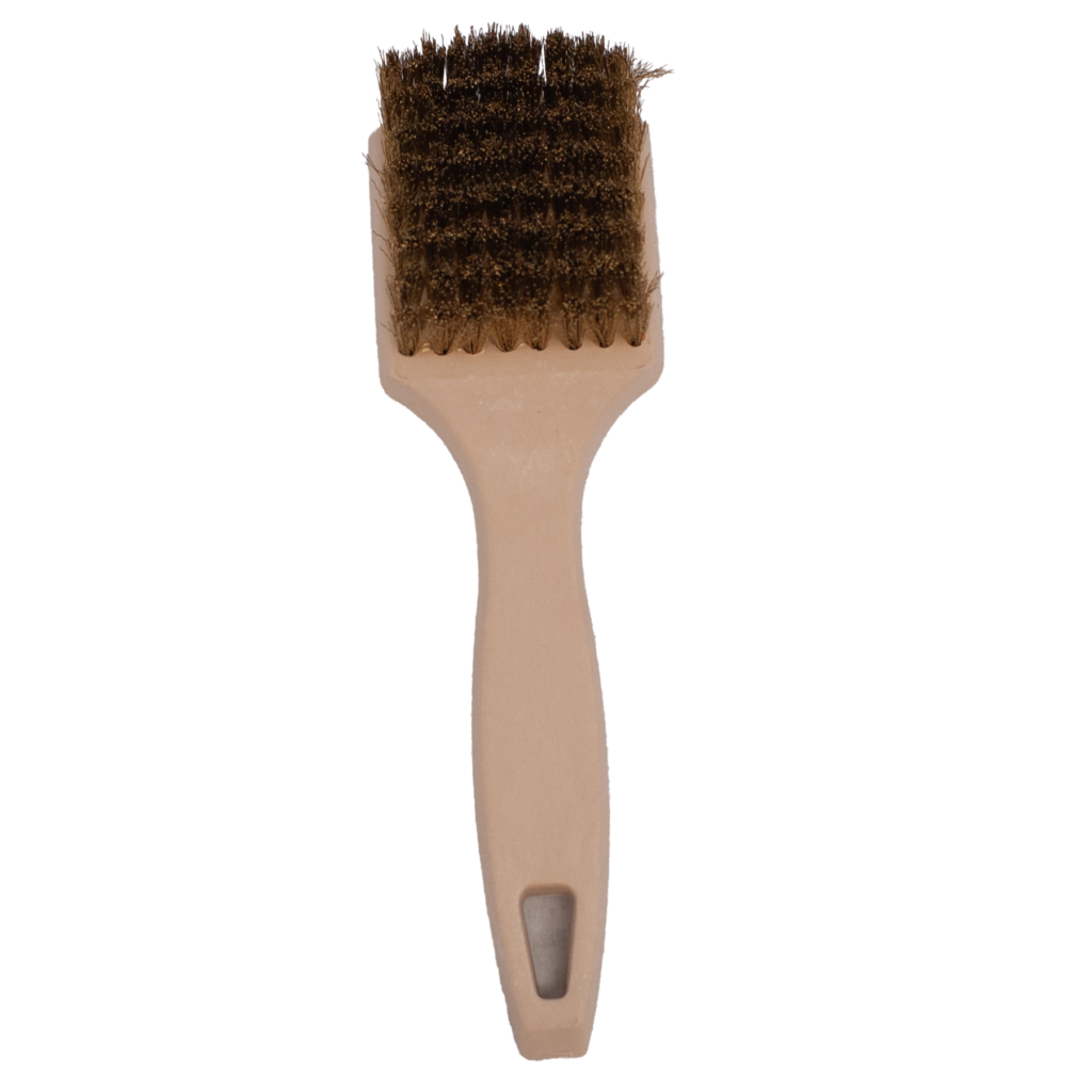 Wooden hairbrush with dark bristles and a hanging hole.