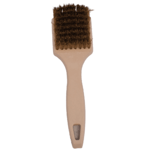 Wooden hairbrush with dark bristles and a hanging hole.