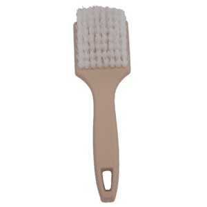 A beige plastic brush with white bristles and a handle.