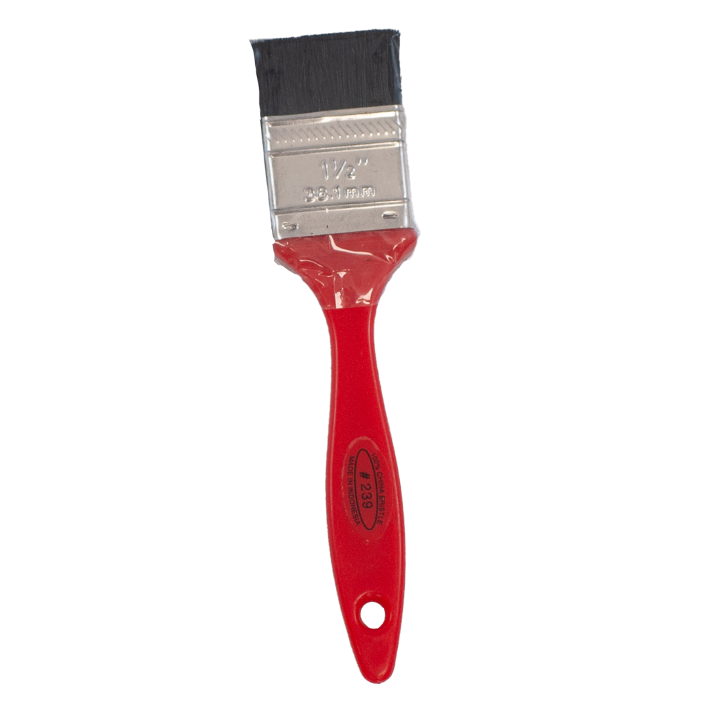 Red-handled paintbrush with metallic bristles.