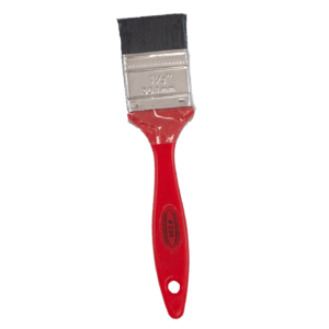 Red-handled paintbrush with metallic bristles.
