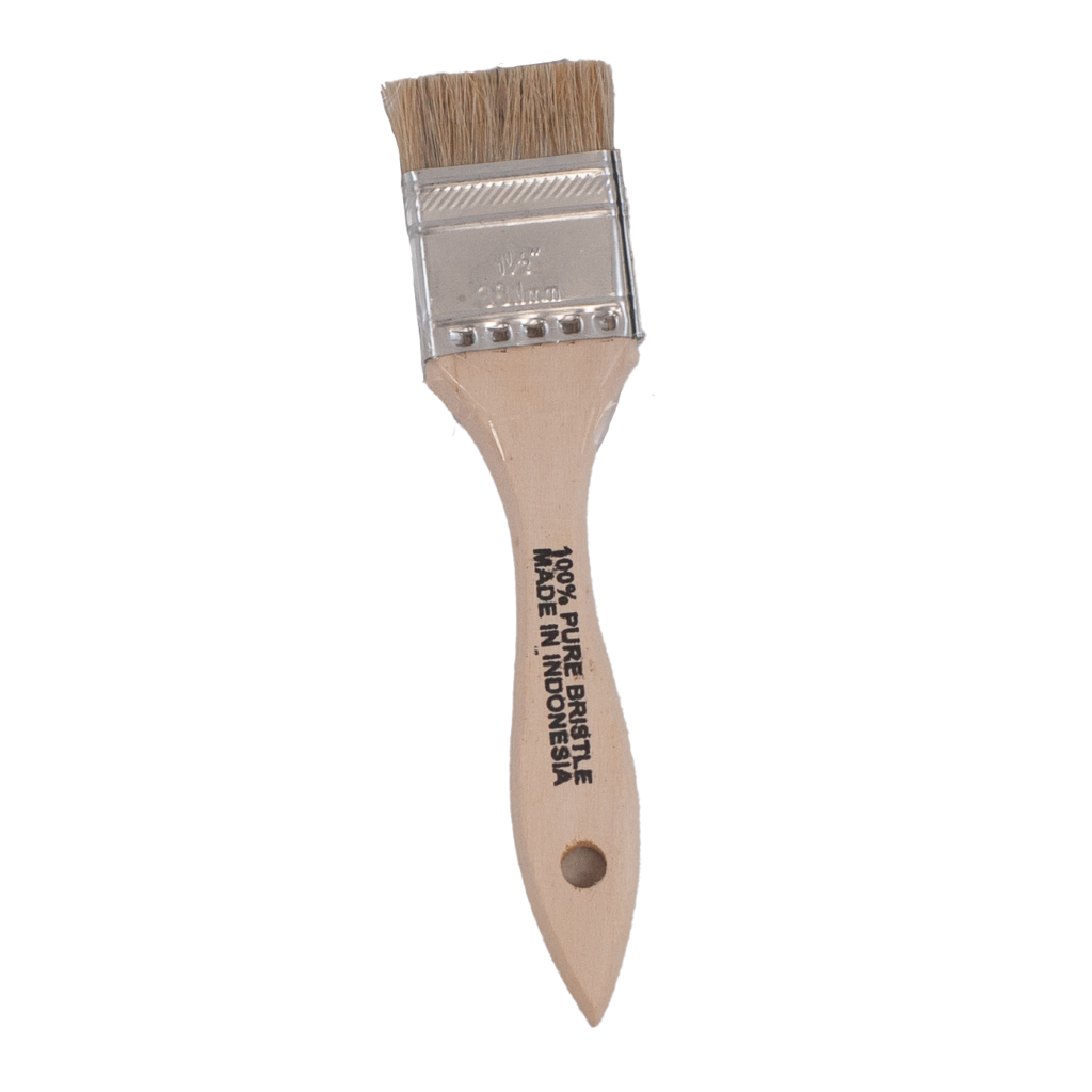 A clean, unused paintbrush with a wooden handle and natural bristles.