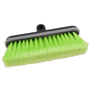 A green bristle broom with a black handle.