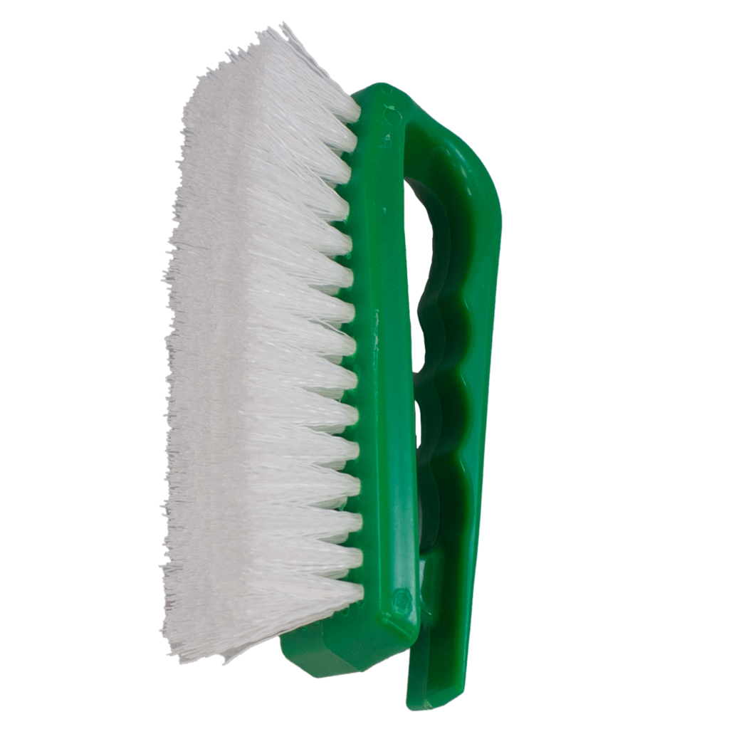 A green-handled brush with white bristles.