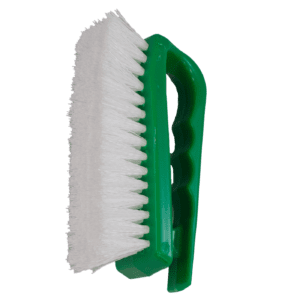 A green-handled brush with white bristles.
