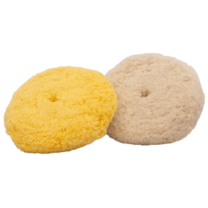 Two round wool buffing pads in yellow and beige.