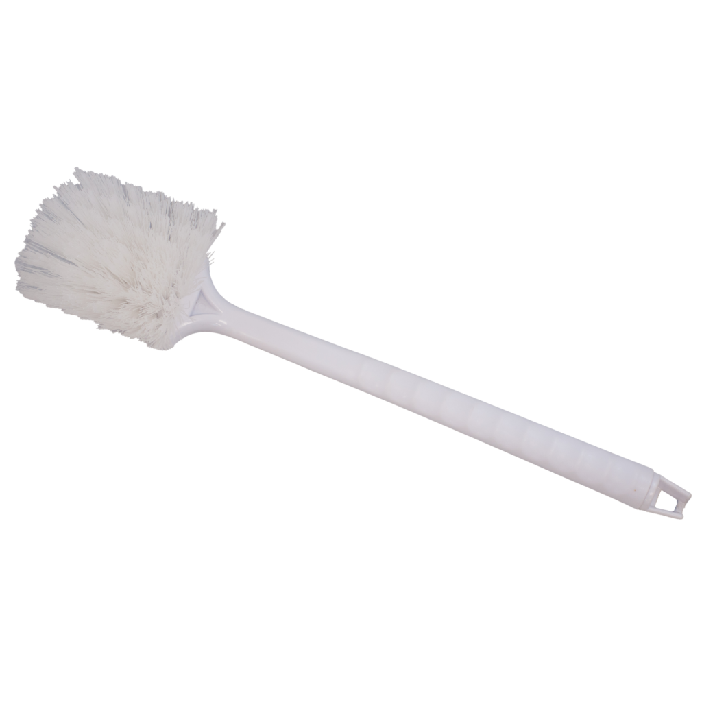 White plastic dish brush with a long handle.